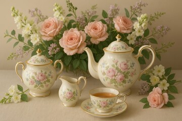 Elegant Floral Tea Set on Table with Beautiful Rose Arrangement