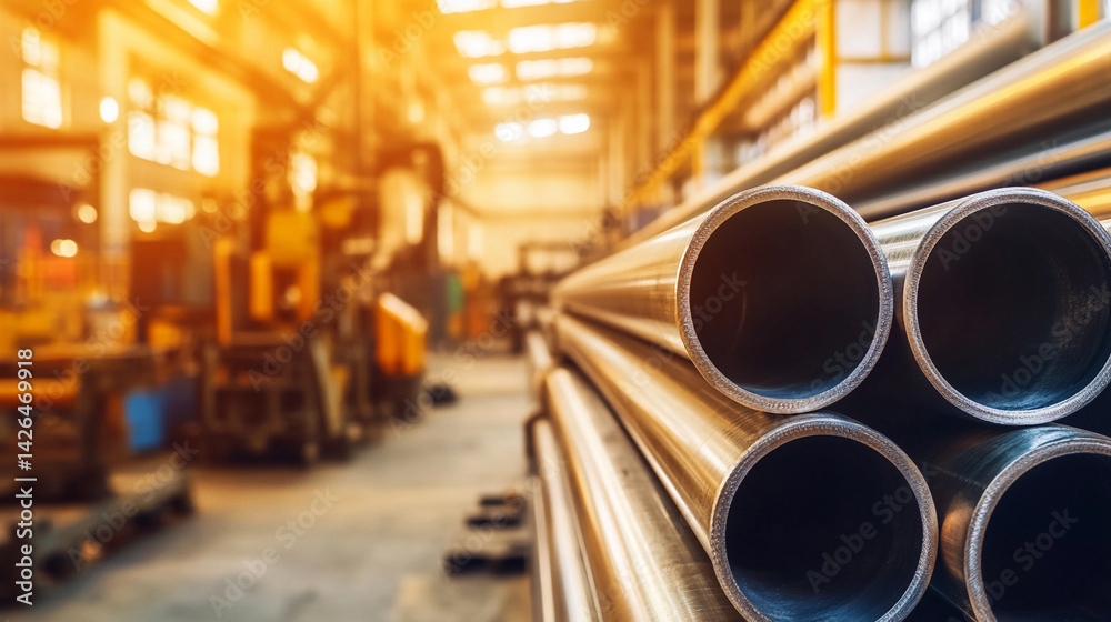 Fototapete close-up view of stacked metallic pipes in a workshop generative ai