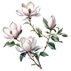 Obraz premium Delicate magnolia flowers and leaves in cutout designs watercolor art illustration transparent background isolated png stock