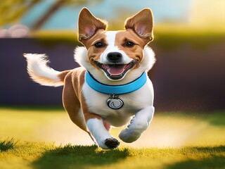 Happy Jack Russell Terrier Dog Running in a Sunny Green Grass Field A playful pet enjoying an outdoor adventure