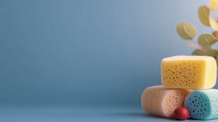 A stack of colorful porous sponges sits beside a small red decorative ball against a smooth blue background with soft green foliage peeking into the frame.