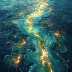 Obraz premium Flowing Water Stream with Golden Light Abstract Nature Illustration