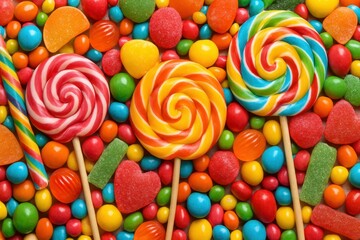 Colorful Candy Delight Composition with Lollipops and Gummies