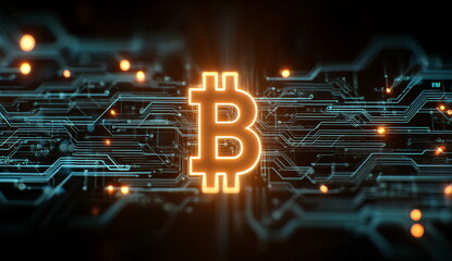 Shining bitcoin symbol over digital circuit board. Cryptocurrency blockchain or crypto mining concept. Digital currency investment and finance technology.