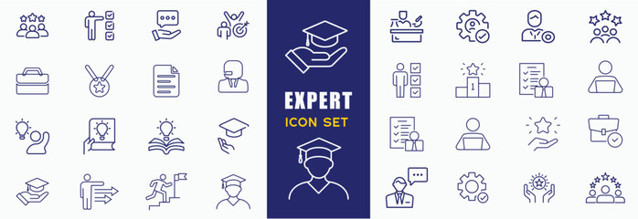 Expert Line icon set. skills, expertise, business, knowledge, competence, growth, education, meeting, specialist, experience and more. Vector and illustrator set.