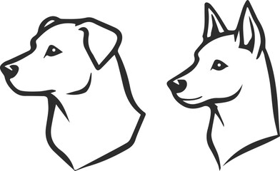 Icons of two different types of dogs, with drooping ears and raised up, black line, dog head icon in a unique style.