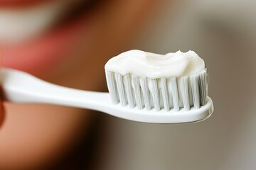 Isolated on a beige background is a photo of a young girl with a positive attitude, smiling and brushing her teeth in the morning with her shoulders bare
