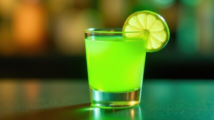 Vibrant green shot or cocktail with lime garnish in glass on bar counter. Perfect for parties, happy hour, and refreshing drinks.