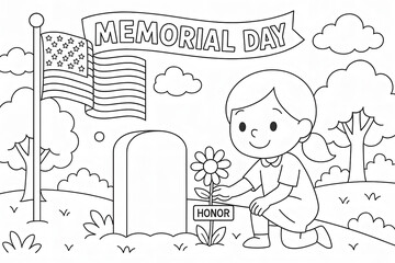 Memorial Day tribute coloring page with child honoring fallen soldiers