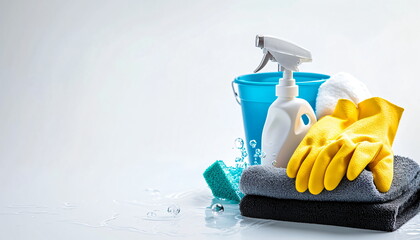 Rubber cleaning glove and spray bottle with bucket and rags. Cleaning supplies concept for home, janitorial service, and Spring cleaning projects.