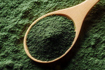 Heap green spirulina algae powder in wooden spoon, top view on green spirulina powder background. Dietary supplement to improve health. Seaweed superfood concept. Healthy food