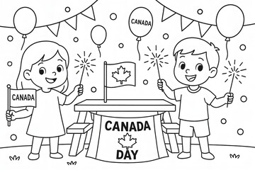 Canada Day Celebration Coloring Page for Kids with Children and Canadian Flags