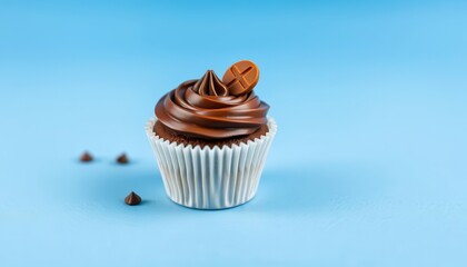Miniature chocolate cupcake & paper coffee cup on blue background, diorama, adorable