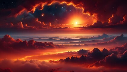 Fototapeta premium An ethereal, surreal sky with fiery clouds and an intense golden sun, creating a gorgeous scene.