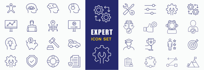 Expert Line icon set. skills, expertise, business, knowledge, competence, growth, education, meeting, specialist, experience and more. Vector and illustrator set.