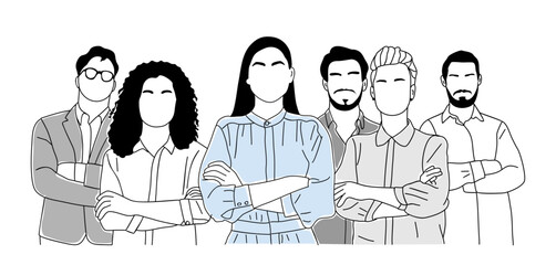 Team work business concept illustration. Multinational business team. Different men, women standing together. Modern vector outline drawing for graphic, web design. Isolated on transparent background