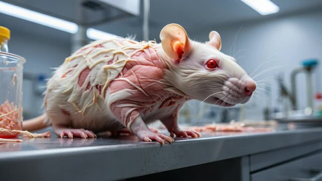 White lab rat with visible muscles showing anatomical structure for scientific research and education