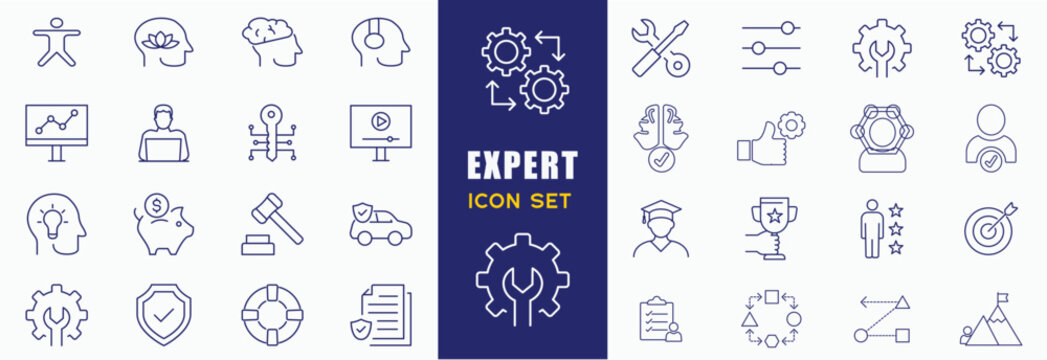 Expert Line icon set. skills, expertise, business, knowledge, competence, growth, education, meeting, specialist, experience and more. Vector and illustrator set.