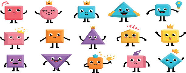 Obraz premium Abstract characters. Cartoon kids shape with smile face. Geometric mascot figure with leg and hands. Fun graphic avatar for education, funny emoji objects.