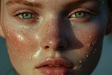 Close Up Portrait of a Young Woman with Freckles and Glistening Skin