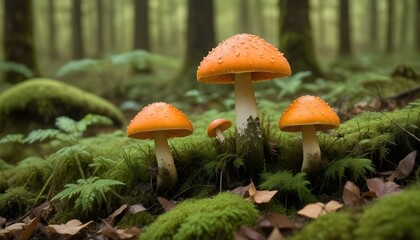 A cluster of vibrant orange mushrooms emerges from a lush, green forest floor.