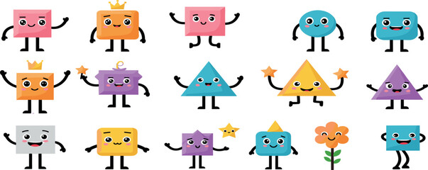 Abstract characters. Cartoon kids shape with smile face. Geometric mascot figure with leg and hands. Fun graphic avatar for education, funny emoji objects.