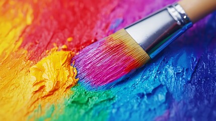 Obraz premium A vibrant paintbrush blends colors across a textured canvas, showcasing a spectrum of rainbow hues in a dynamic artistic scene.