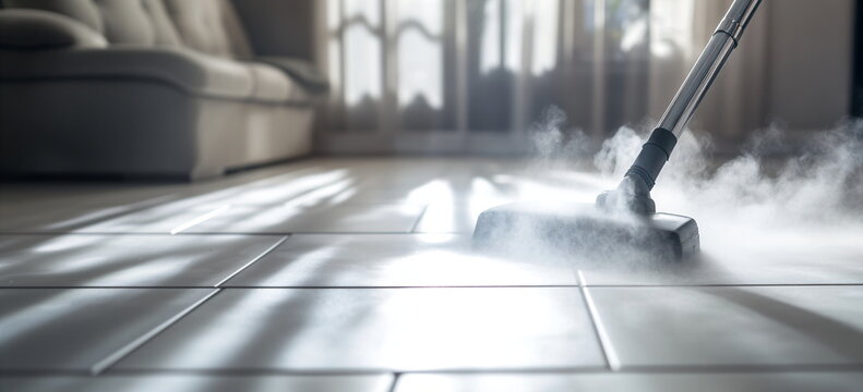 Steam mop head cleaning a white tile floor in a living room. Deep cleaning and sanitization of home surfaces for health and hygiene.