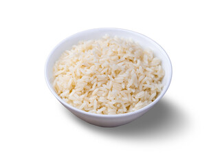 Cooked white rice in a bowl isolated over white background