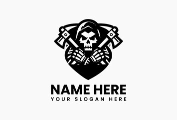 Stylized black raider vector logo, hooded skull warrior design with bold and mysterious dark fantasy illustration