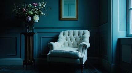 A luxurious, moody interior featuring a comfortable armchair and an elegant dark blue backdrop