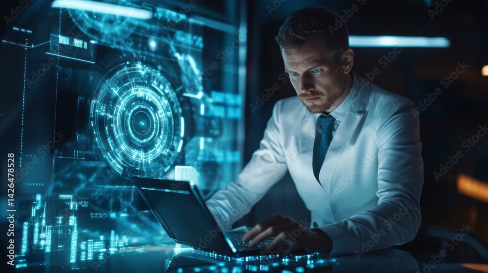 Poster scientist using laptop, analyzing data on futuristic interface.