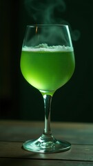 Refreshing green drink in an elegant wine glass on a wooden table with dark background. Perfect for bar and restaurant themes.