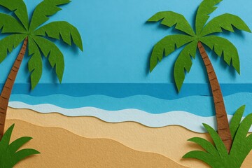 Obraz premium Tropical Paradise: Paper Cut Art of Palm Trees and Beach