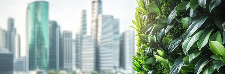 Obraz premium Lush greenery wall against modern city backdrop