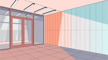A room with a window and a door. The room is empty and has a light color. The light is coming from the window and is shining on the wall
