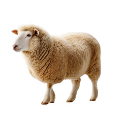 Fototapeta premium Fluffy sheep standing on transparency background, showcasing its thick wool and gentle expression. This animal represents pastoral life and farm settings, evoking sense of tranquility and nature