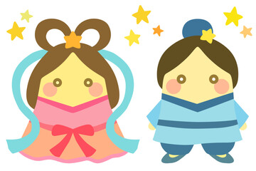 かわいい織姫と彦星のイラストセット 七夕 ベクター素材