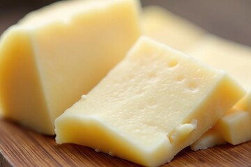 Close-up of sliced white cheese, showing texture, close-up, macro