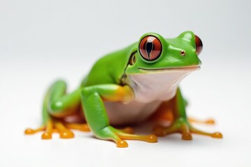 Obraz premium Green tree frog, vibrant skin, white background, close-up, closeup, image