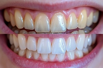 A woman's teeth transformation after whitening is depicted, over a white background, signifying the importance of oral care and stomatology in dentistry
