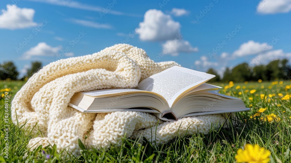 Poster A book is open on a blanket in a field