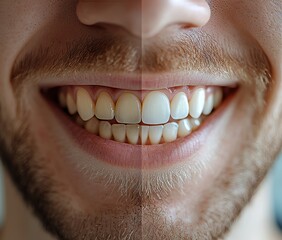 Obraz premium A closeup collage displays the transformation of a man's teeth, from before to after a whitening treatment, through photographs