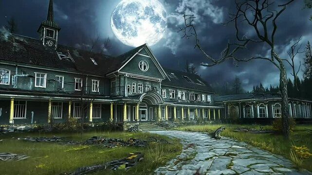 Spooky abandoned mansion, full moon, forest, horror game