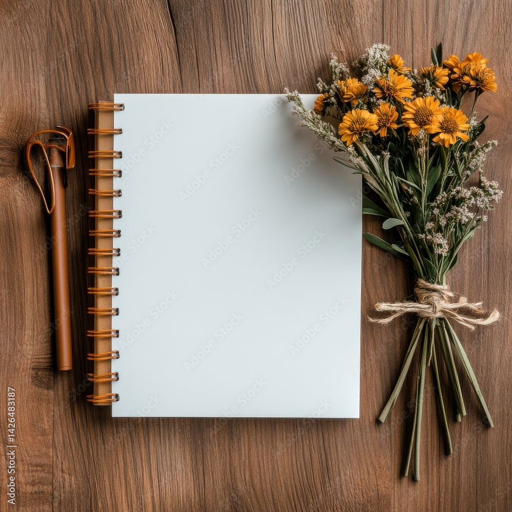 Poster a notebook with a pen and a bouquet of flowers on top of it