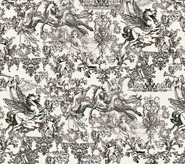 Toile Engraving Tropical Islands Seamless Pattern, Oriental Palm Trees Wallpaper, Wildlife Tigers in Exotic Plants Ocean Beach Blue on White Background, Linear Jungle Oceania India Landscape Print