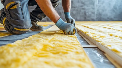 Close-up of worker installing yellow insulation underfloor in new construction.