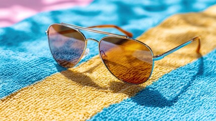 A pair of sunglasses is sitting on a blue and yellow towel