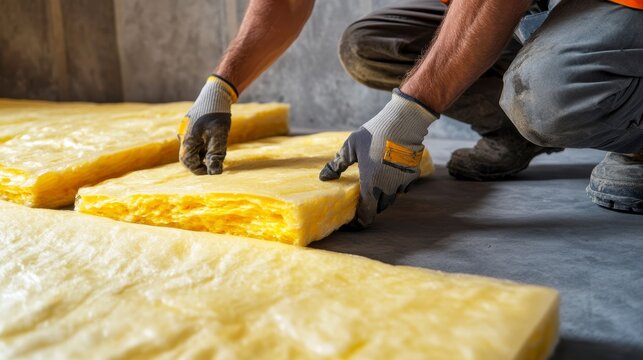 Close-up of worker installing yellow fiberglass insulation batts on a floor.