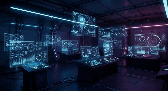 Futuristic Control Room with Holographic Displays and Cyberpunk Lighting